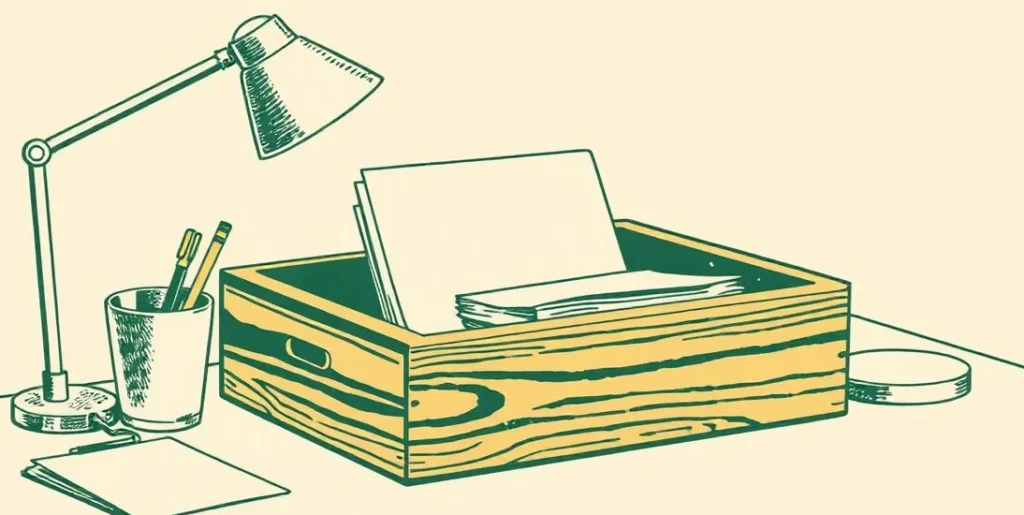 Illustration of a wooden inbox tray with papers beside a pencil cup