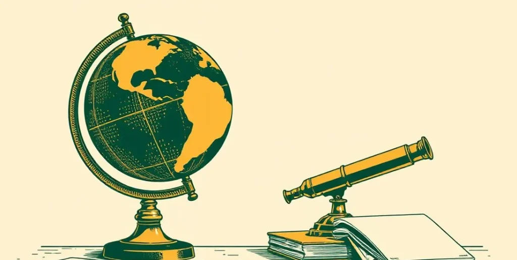 Illustration of a globe, a telescope and a magnifying glass on a desk