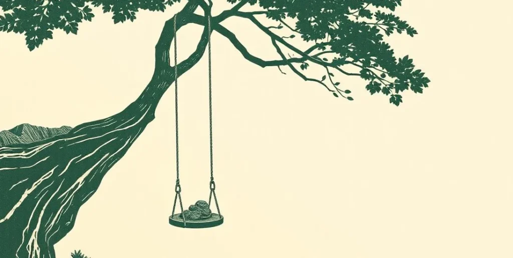 Illustration of a rope swing hanging above a deep blue lake from a cliffside tree