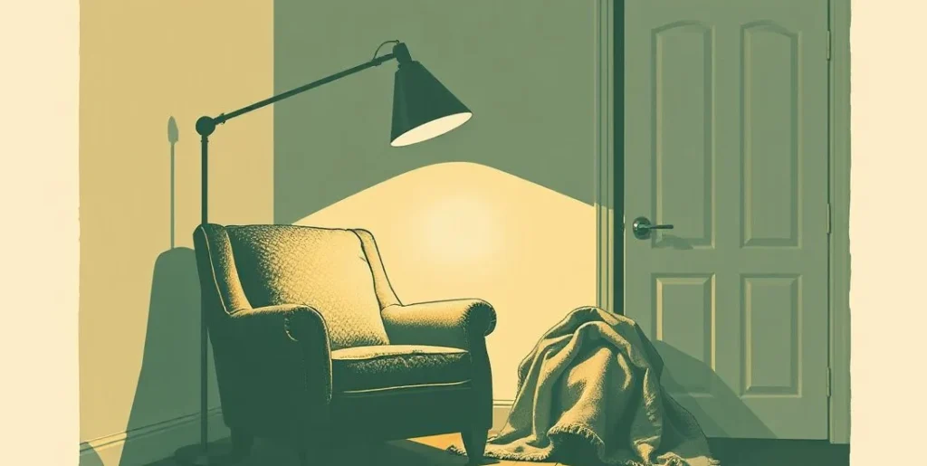 Illustration of a lamp lighting a dim room with a soft armchair