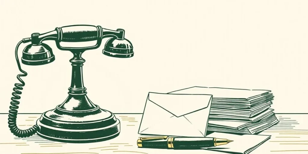 Illustration of a candlestick telephone beside envelopes and a pen on a desk