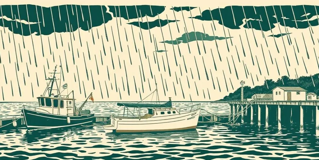 Illustration of fishing boats tied up in a stormy harbor under heavy rain