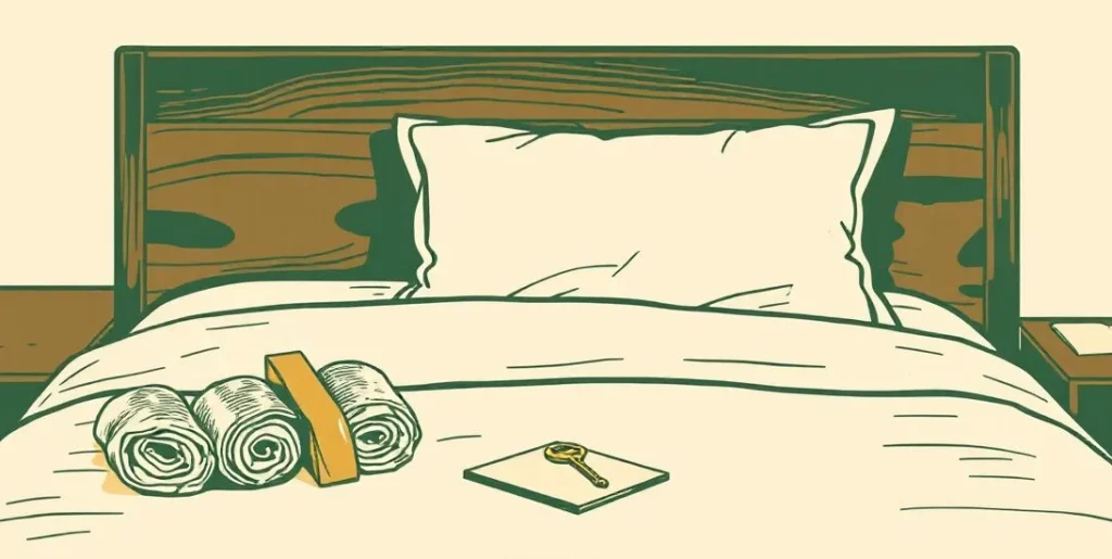 Illustration of a made hotel bed with rolled towels and a chocolate