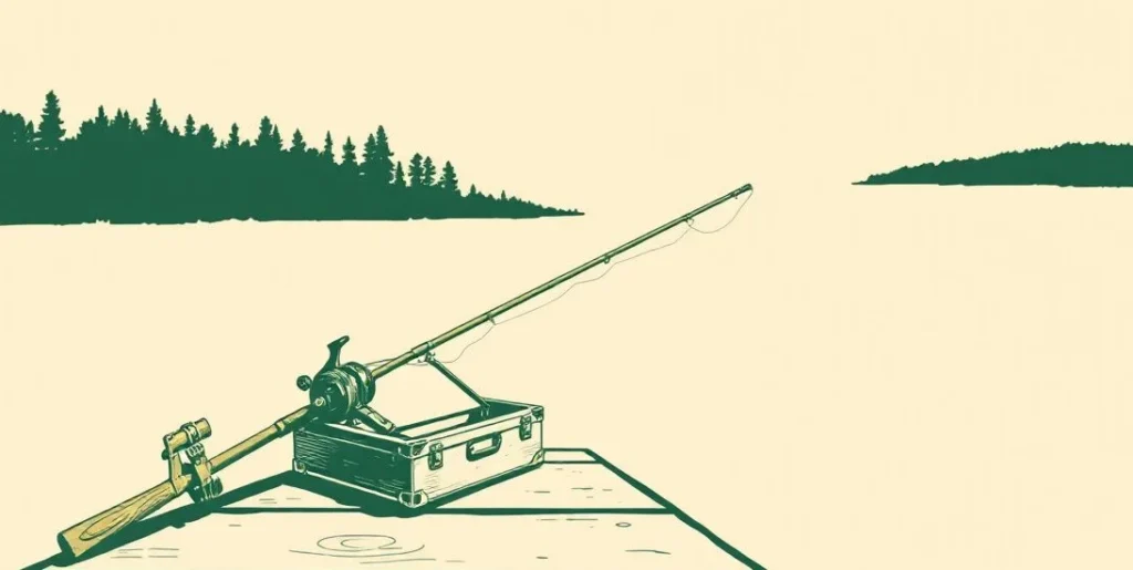 Illustration of a fishing rod and tackle box on a lakeside dock
