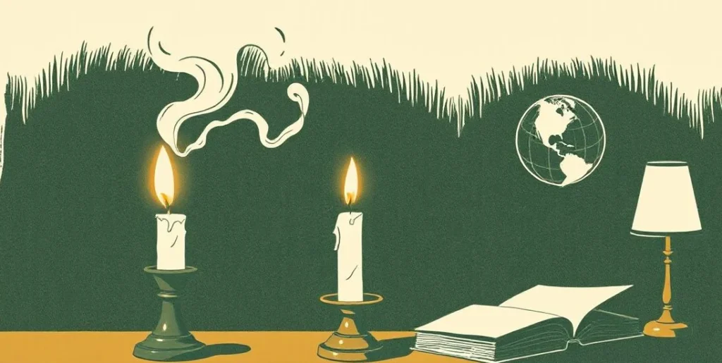 Illustration of a blown-out candle beside a globe and unlit lamp in a study