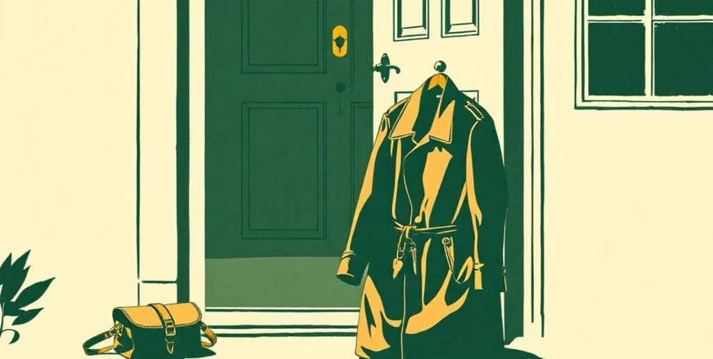 Illustration of car keys, a coat and a bag on a chair by an open front door at night