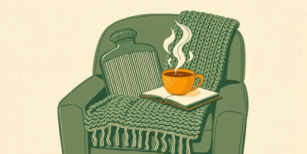 Illustration of a hot water bottle, blanket and herbal tea on an armchair