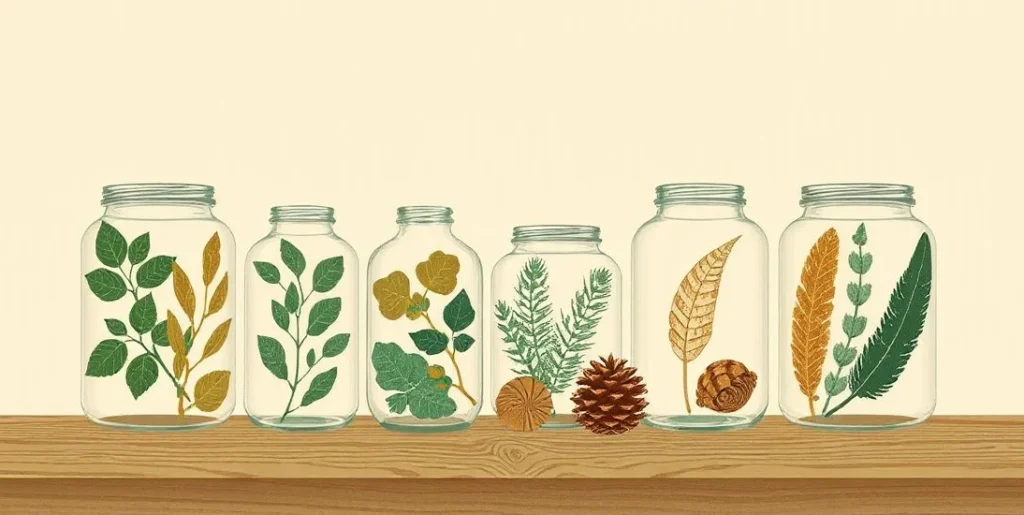 Illustration of glass jars holding leaves, shells, feathers and pinecones on a shelf