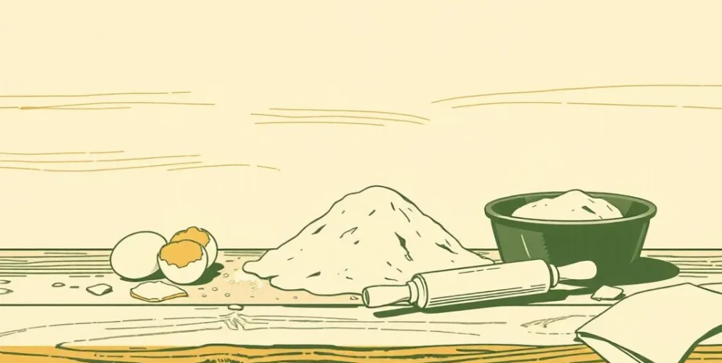 Illustration of flour, cracked eggs, a rolling pin and dough on a kitchen counter