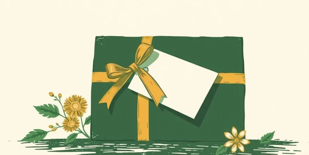 Illustration of a ribbon-tied gift box beside a blank card and small bouquet