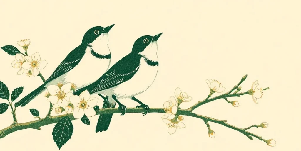 Illustration of two songbirds singing on a blossoming cherry branch