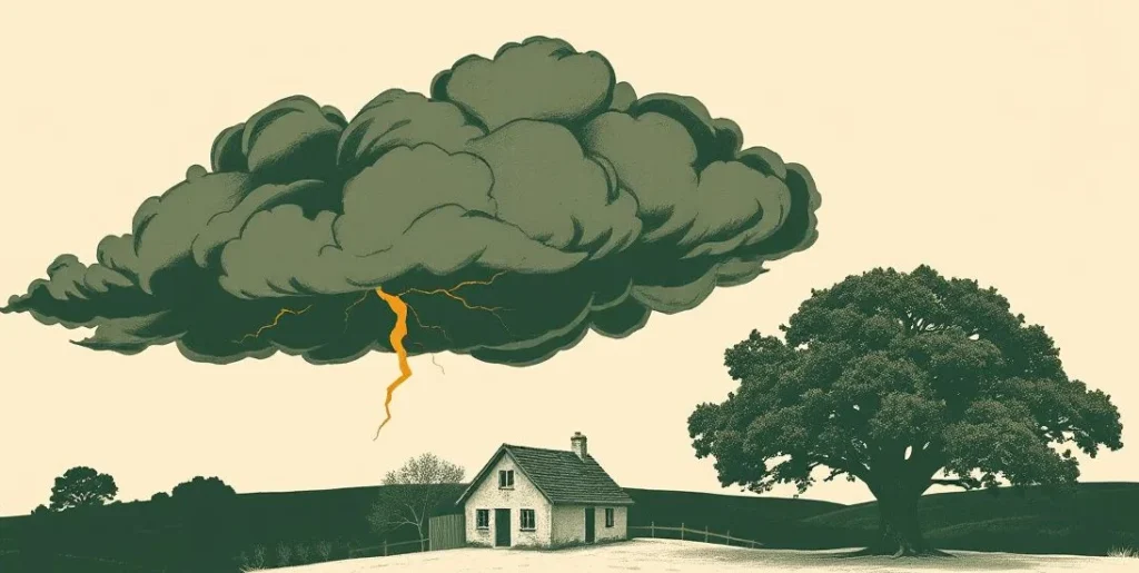 Illustration of a storm cloud with lightning above a cottage sheltered by an oak