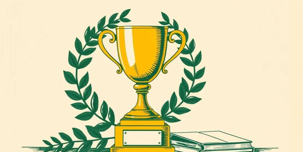 Illustration of a gold trophy cup on a pedestal beside a laurel wreath