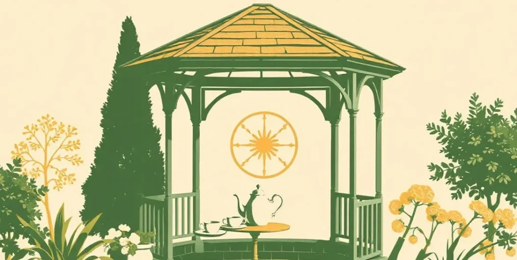 Illustration of afternoon tea and scones in a sunlit garden gazebo