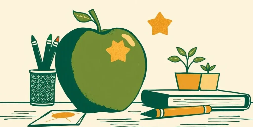 Illustration of an apple on a school desk beside a gold star and crayons