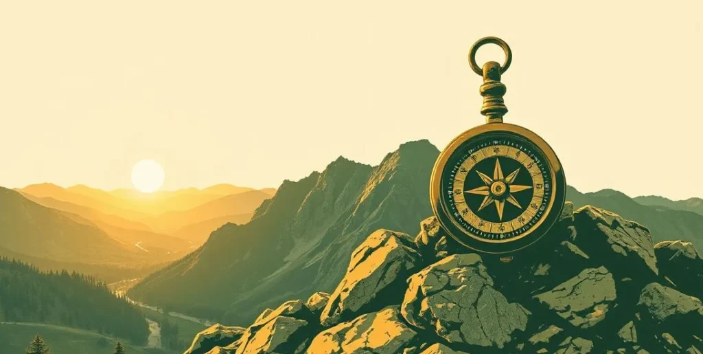 Illustration of a compass on a mountain peak overlooking a sunrise valley