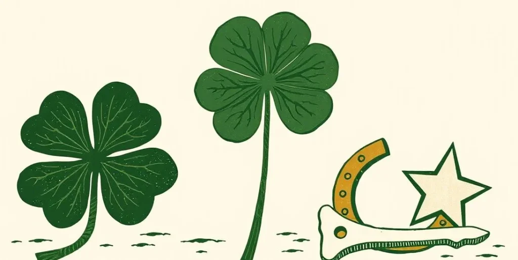 Illustration of a four-leaf clover, a horseshoe, a wishbone and a shooting star