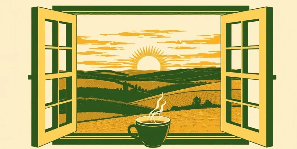 Illustration of a sunrise through an open window with a steaming coffee cup