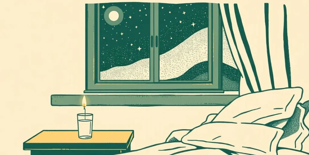 Illustration of a candlelit nightstand beside pillows under a starry window
