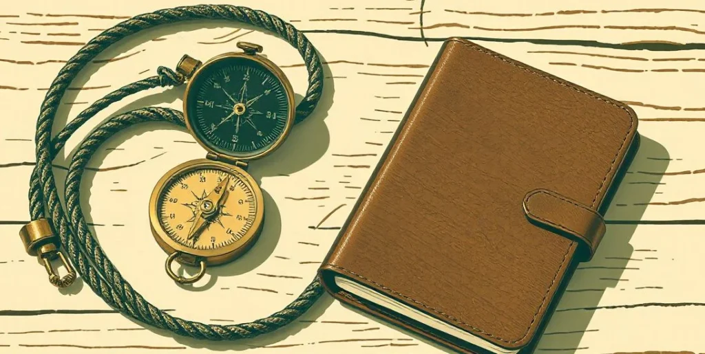 Illustration of a brass compass on a coiled rope beside a closed leather notebook