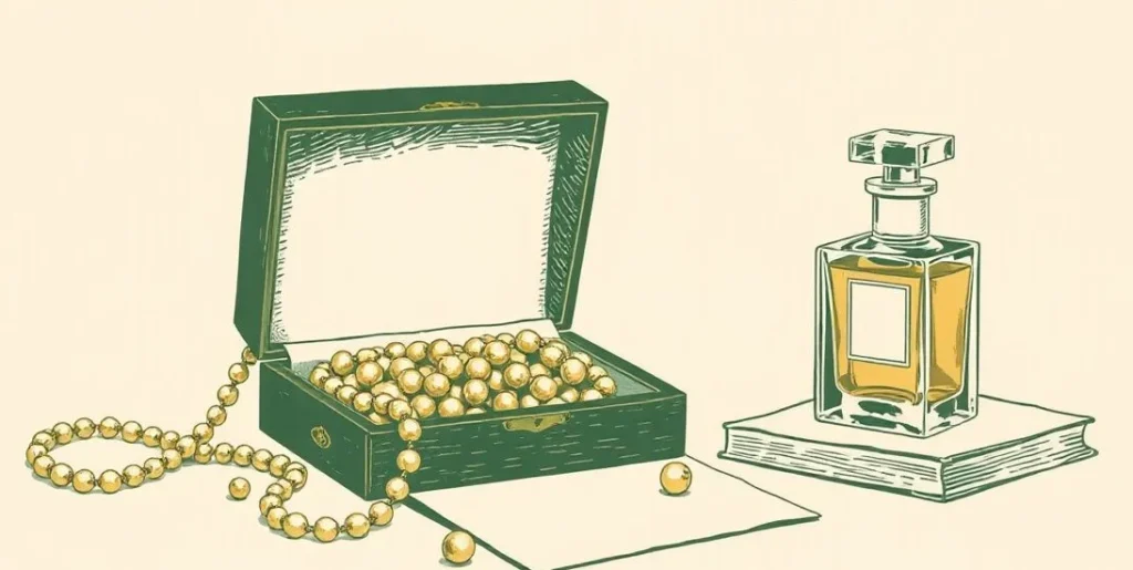 Illustration of a jewelry box spilling pearls beside a crystal perfume bottle