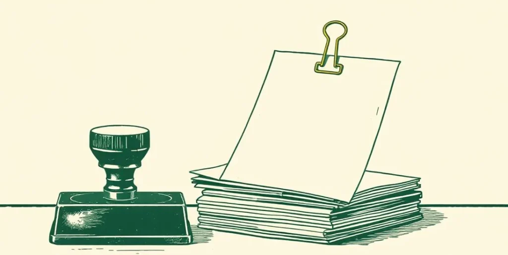 Illustration of a rubber stamp and ink pad beside a neat stack of papers