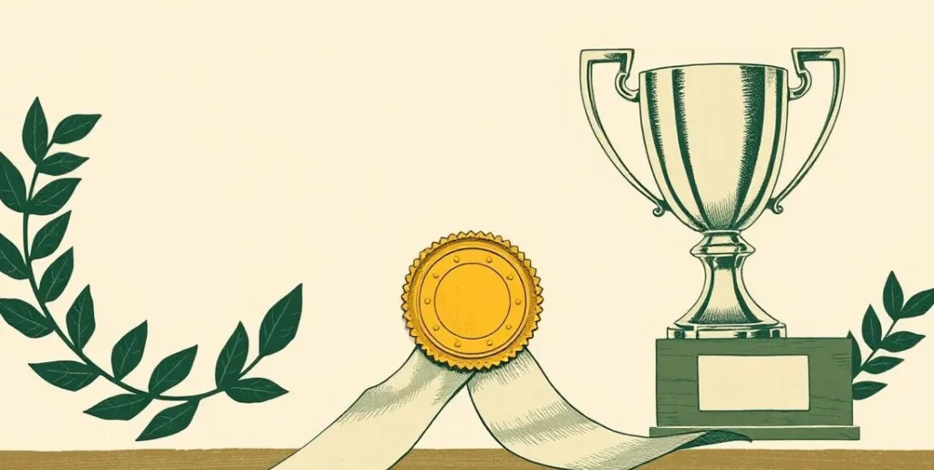 Illustration of a gold medal on a ribbon beside a laurel wreath and a trophy