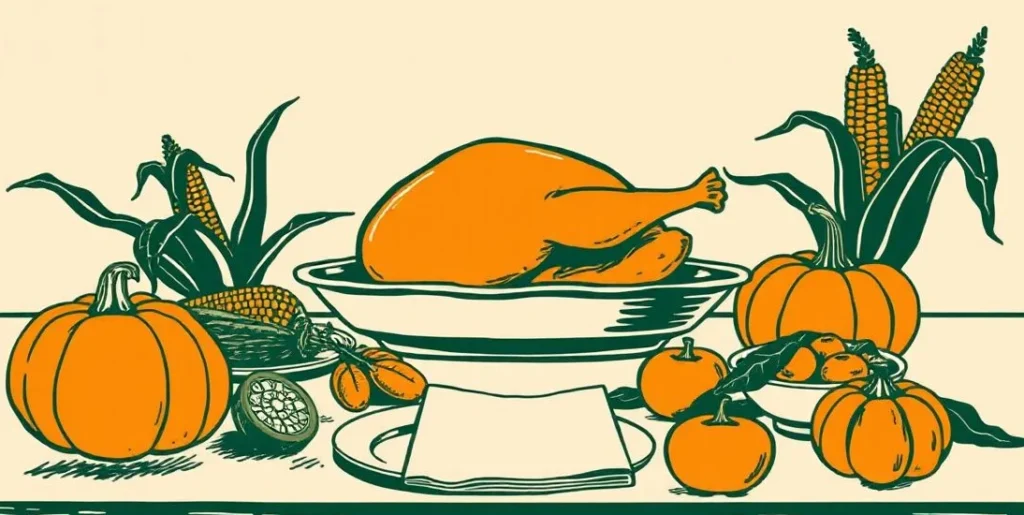 Illustration of a Thanksgiving table with a roast turkey, pumpkin pie and cornucopia