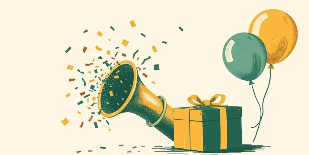 Illustration of a brass horn bursting with confetti beside a gift box and balloons