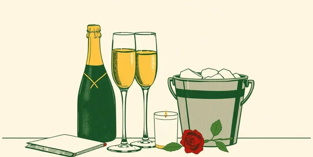 Illustration of two champagne flutes beside an ice bucket, a lit candle and a red rose