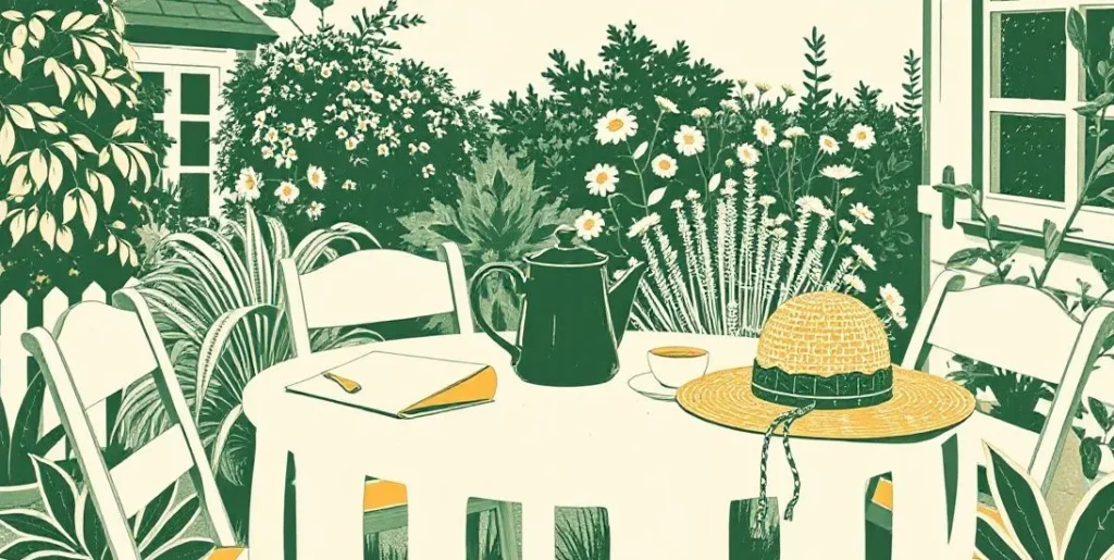 Illustration of a garden table with tea, pie and a sun hat in afternoon light