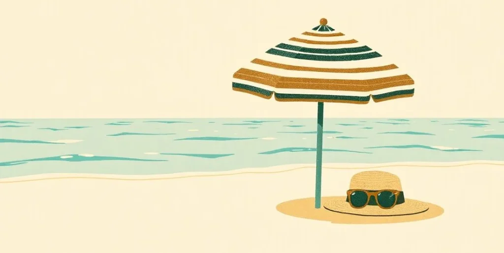 Illustration of a sunny beach with a striped umbrella, a straw hat and a palm tree