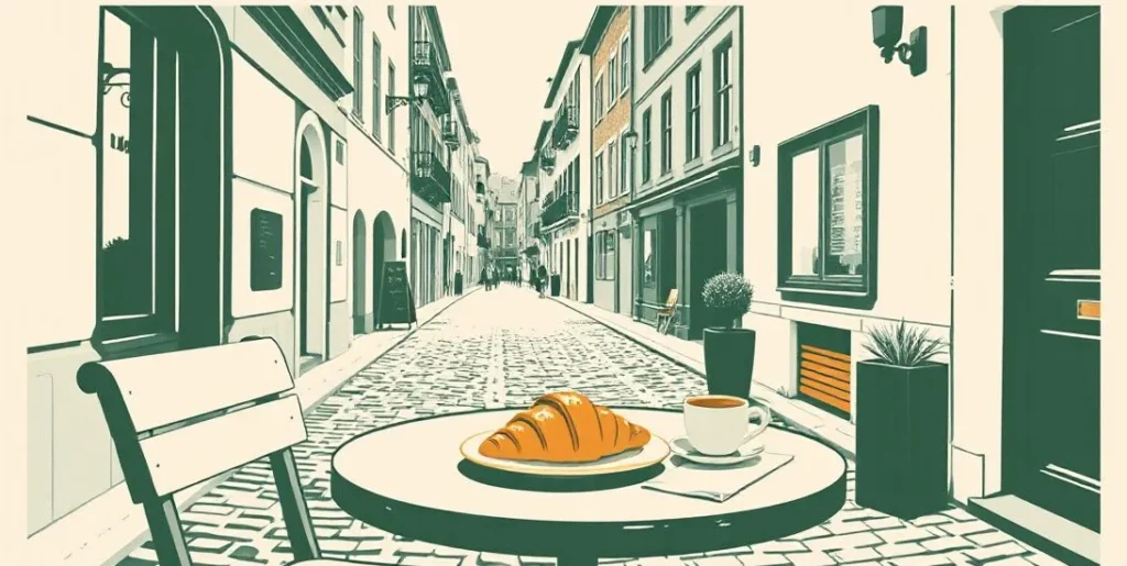 Illustration of a croissant and cappuccino on a sunny café table