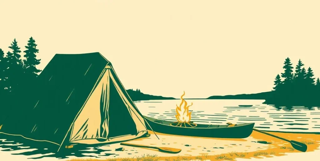 Illustration of a tent pitched by a lake with a kayak and campfire