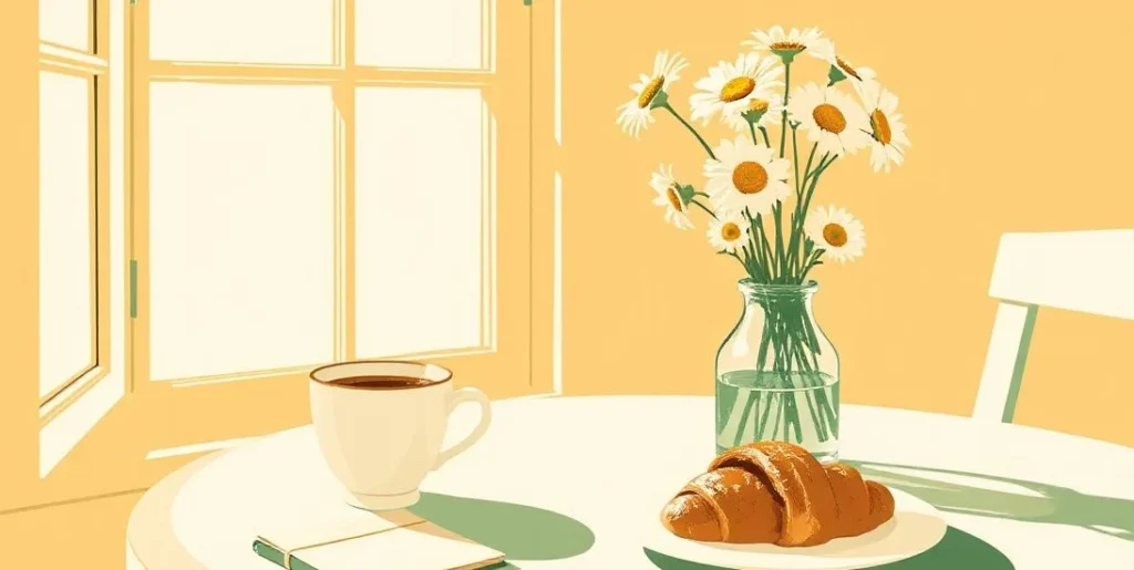 Illustration of a sunny breakfast table with coffee, a croissant and daisies