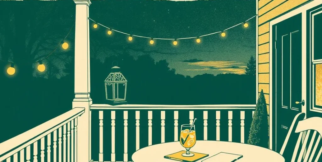 Illustration of a twilight porch with string lights, a lantern and lemonade