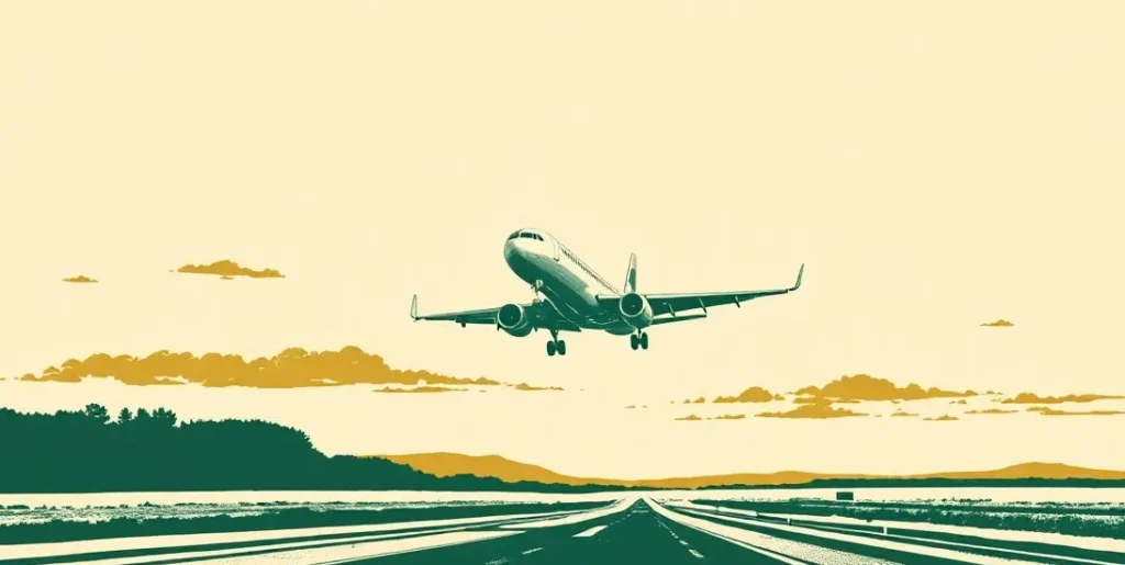 Illustration of an airplane lifting off above a runway at sunrise