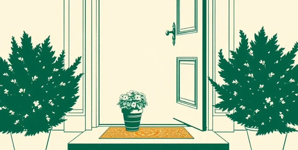 Illustration of an open front door with sunlight streaming onto a doormat