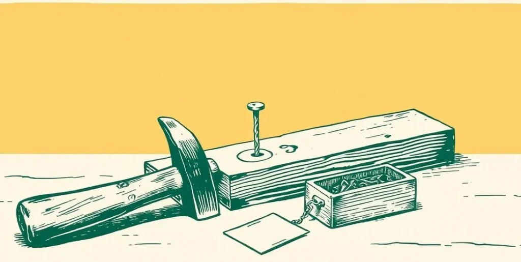 Illustration of a hammer beside a freshly driven nail in a plank
