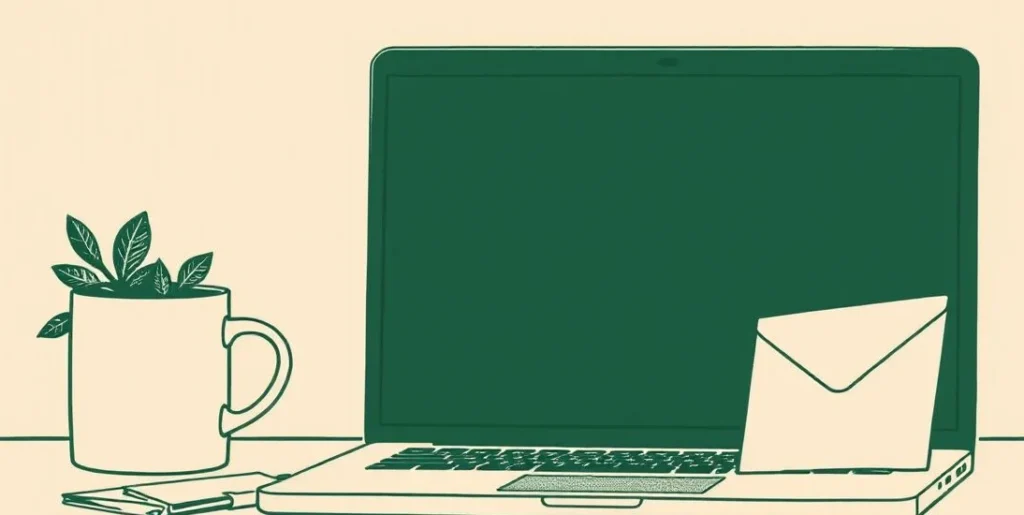 Illustration of a laptop beside a coffee mug, a succulent and a sealed envelope