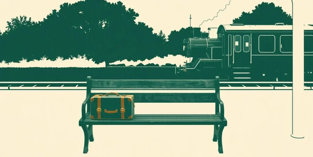 Illustration of a train platform bench with a suitcase as a steam train arrives