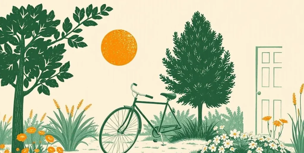 Illustration of a morning sun over a garden with a bicycle and flowers