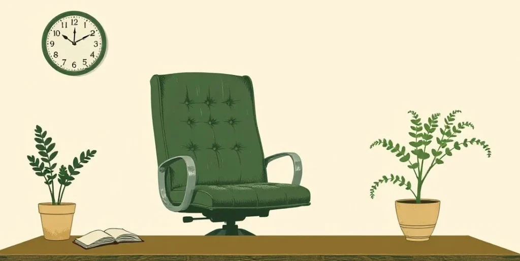 Illustration of a worn office chair at a desk with a fern and wall clock