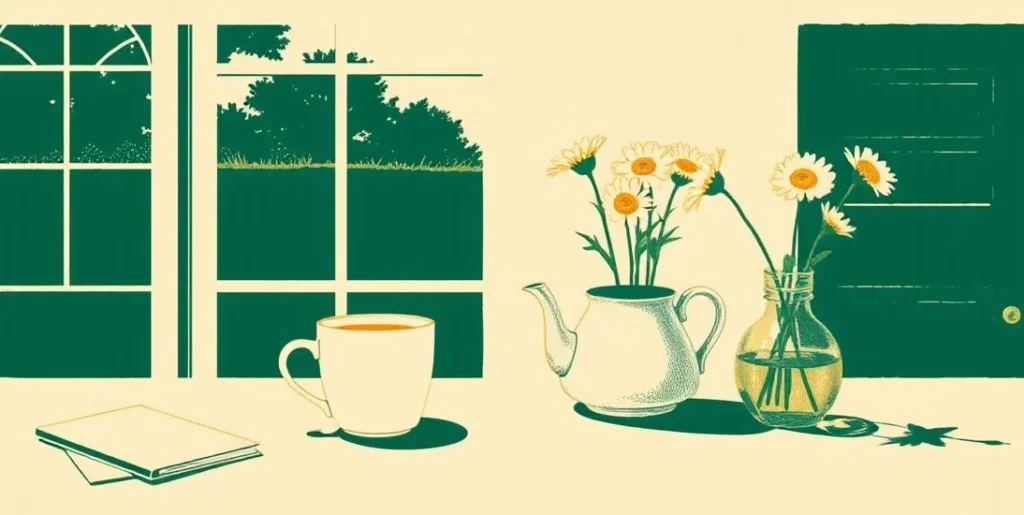 Illustration of two mugs of tea and a teapot on an evening kitchen table