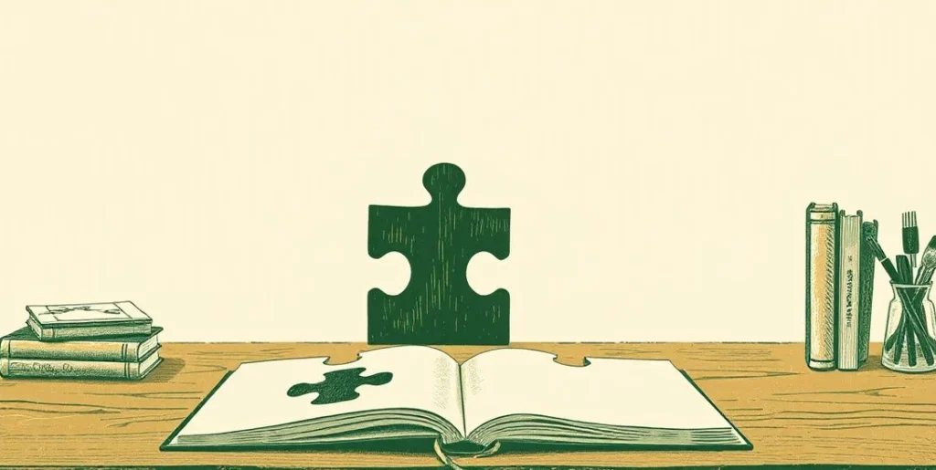 Illustration of a final puzzle piece about to fit into a nearly finished puzzle