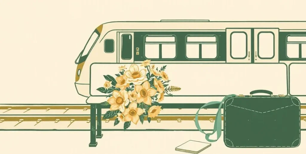Illustration of flowers and a suitcase on a station bench as a train arrives