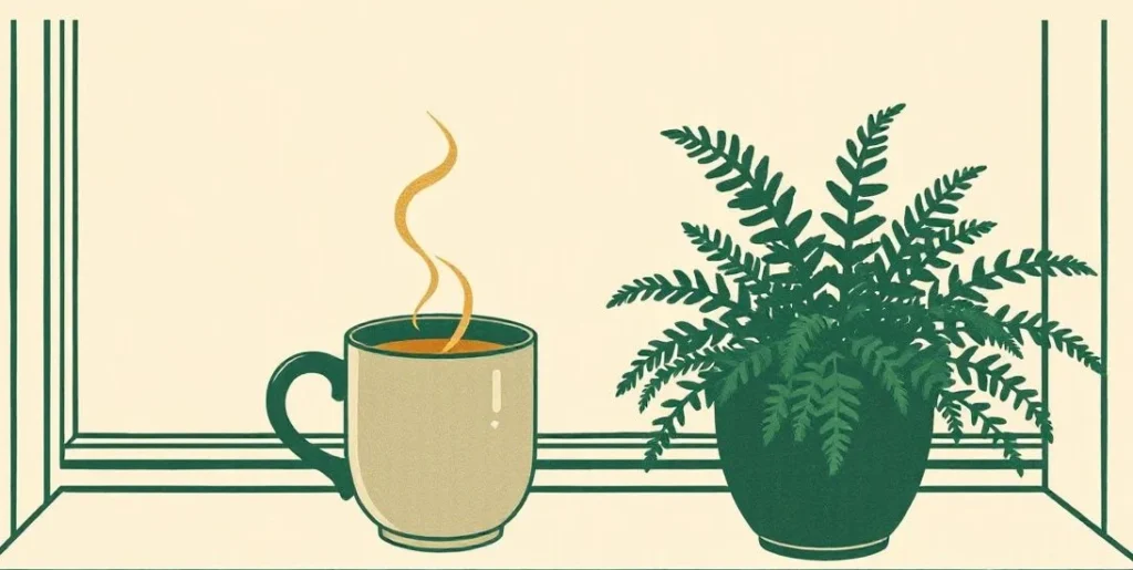 Illustration of a steaming mug of tea beside a fern on a sunny windowsill