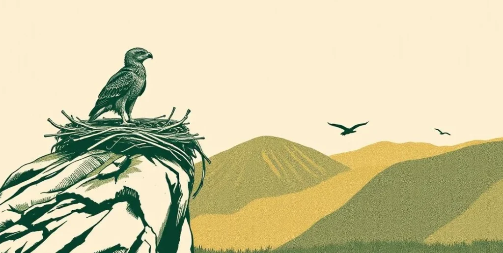 Illustration of a young eaglet at the edge of a cliffside nest