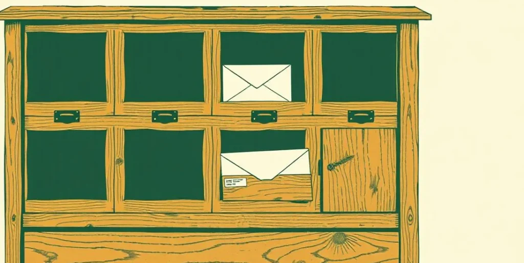 Illustration of a pigeonhole mail shelf with an envelope sliding into a slot