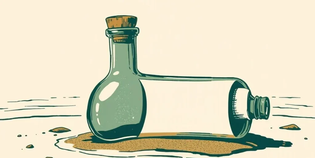 Illustration of a corked bottle holding a rolled scroll, washed up on a quiet beach